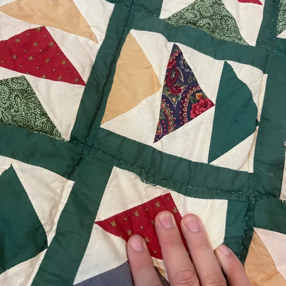 Vtg Flying Geese Patchwork Quilt Handmade Green Paisley Floral 82x84 Farmhouse